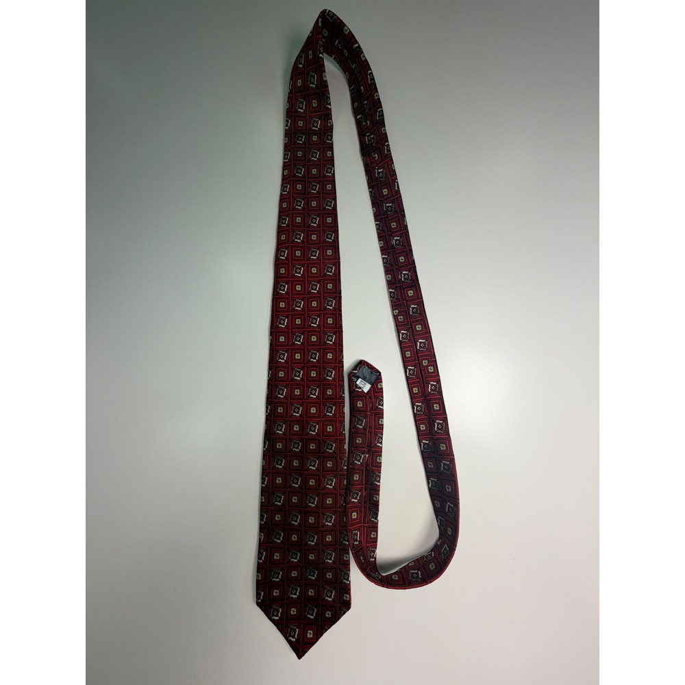 XMI Platinum Silk Tie Mens Red Geometric Square Pattern Italian Fabric USA Made
